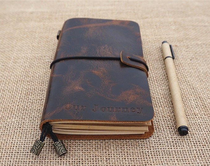 Our journey leather journal, Personalized travel journal, Custom leather notebook, Travel accessories, Gift for traveler, Travelers notebook