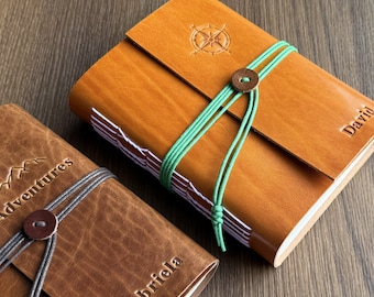 Personalized leather journal, Genuine Leather notebook with custom stamp, Unique adventure travel journal, Christmas gift for him for her