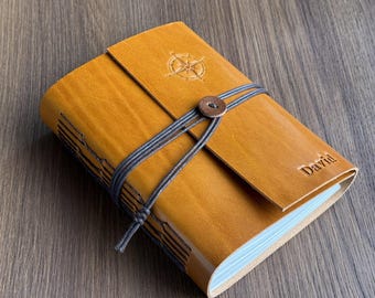 Personalized leather journal, Leather bound notebook with custom text on cover, Adventure journal, Personlaized gift for him for her