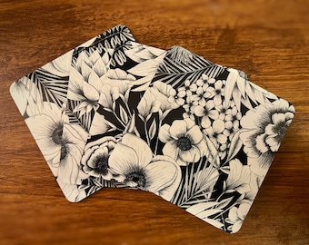Set of 4 Black Botanical Coasters with Cork Bottom | Botanical Flowers | Wildflowers | Coaster Set | Flower Coaster  | Housewarming Gifts
