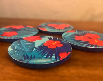 Set of 4 Tropical Forest Ceramic Coaster Set With Cork Bottom | Hibiscus Flower | Monstera Leaf | Floral | Botanical Set | Gifts for Her