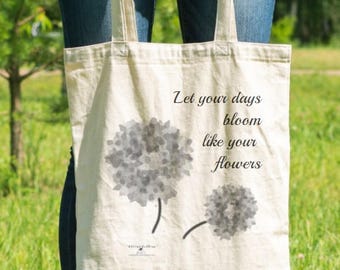 Tote bag, shopping bag, holdall, shopper, flower bag, mindfulness, canvas bag, natural bag, bag with quote, grey and black bag, cream bag