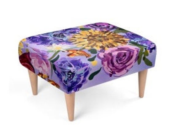 Purple Footstool Contemporary Stool Foot Rest Floral Print 