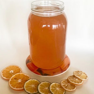May include: A glass jar filled with a light orange liquid, sitting on a round orange and white coaster. Dried orange and lime slices are arranged in a semi-circle in front of the jar.