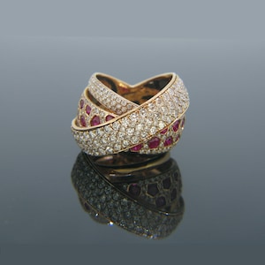 Modern Pave Bombe Diamonds and Ruby Ring, 18kt Rose Gold