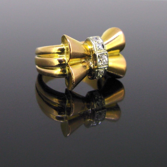 Retro Old mine and Single Cut Diamonds Bow Ring, … - image 1