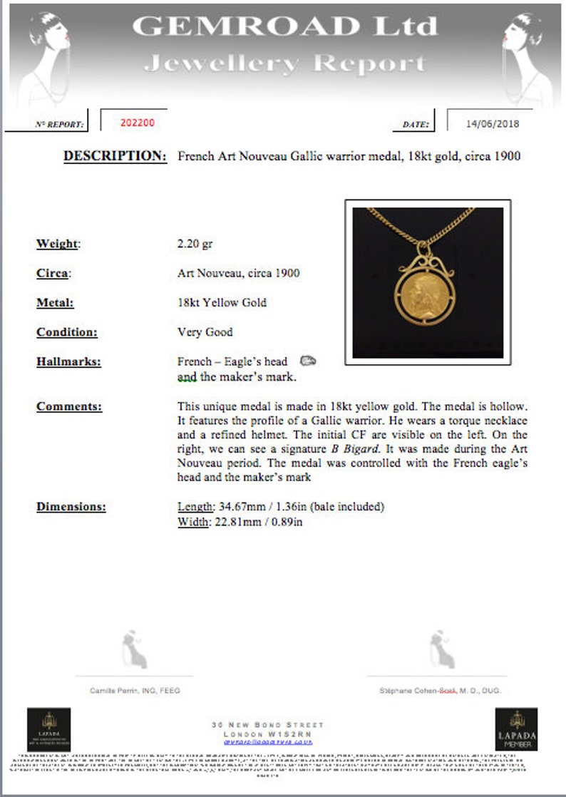May include: A gold Art Nouveau Gallic warrior medal, circa 1900, on a chain. The medal is 1.36 inches long and 0.89 inches wide. The report states the medal is 18kt yellow gold and weighs 2.20 grams.