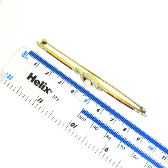 Edwardian Pearl, Diamond and Ruby Bar Brooch, 18k… - image 5