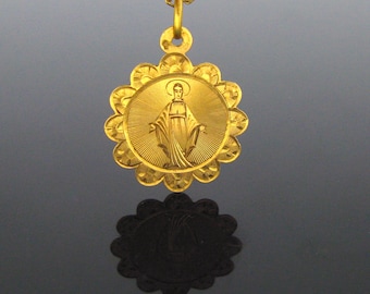 Antique Early 20th Century Virgin Mary Medal / Lady of Lourdes, 18kt Rose Gold, France