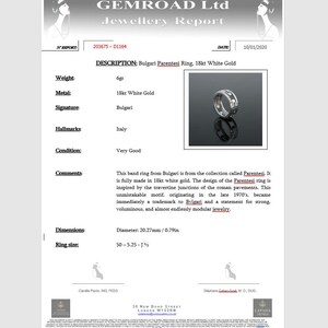 Może przedstawiać: Pierścionek Bulgari Parentesi wykonany z 18-karatowego białego złota. Pierścionek waży 6 gram&oacute;w i ma średnicę 20,27 mm lub 0,79 cala. Pierścionek jest w bardzo dobrym stanie.