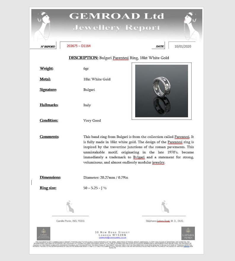 Może przedstawiać: Pierścionek Bulgari Parentesi wykonany z 18-karatowego białego złota. Pierścionek waży 6 gram&oacute;w i ma średnicę 20,27 mm lub 0,79 cala. Pierścionek jest w bardzo dobrym stanie.