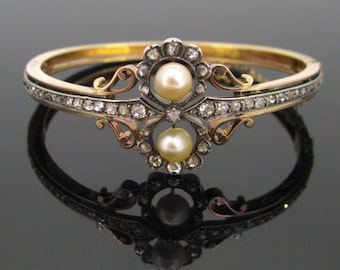 Antique Bangle, Fine pearls and diamonds, 18kt gold and silver, c.1900