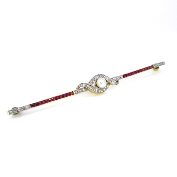 Edwardian Pearl, Diamond and Ruby Bar Brooch, 18k… - image 2
