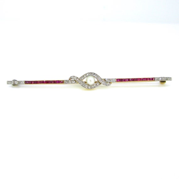 Edwardian Pearl, Diamond and Ruby Bar Brooch, 18k… - image 3