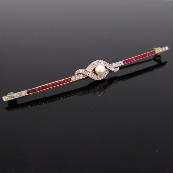 Edwardian Pearl, Diamond and Ruby Bar Brooch, 18k… - image 1