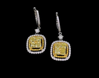 Fancy Yellow Diamonds Cluster Dangle White Gold Earrings