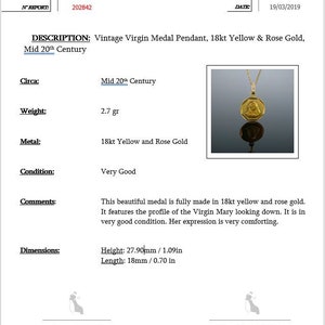 Puede incluir: Un colgante de oro con un perfil de la Virgen Mar&iacute;a. El colgante est&aacute; hecho de oro amarillo y rosa de 18 quilates y est&aacute; en muy buen estado. Mide 27,90 mm de alto y 18 mm de largo.