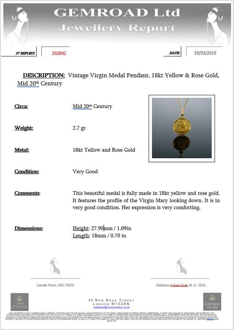 Puede incluir: Un colgante de oro con un perfil de la Virgen Mar&iacute;a. El colgante est&aacute; hecho de oro amarillo y rosa de 18 quilates y est&aacute; en muy buen estado. Mide 27,90 mm de alto y 18 mm de largo.