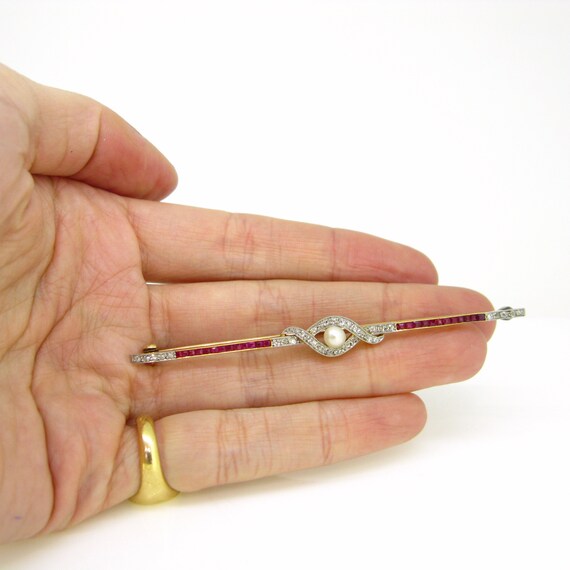 Edwardian Pearl, Diamond and Ruby Bar Brooch, 18k… - image 6