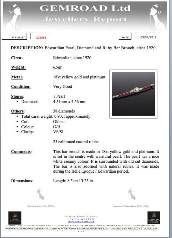 Edwardian Pearl, Diamond and Ruby Bar Brooch, 18k… - image 7