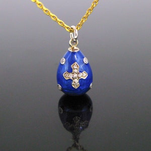 Russian Style Guilloche Blue Enamel Paste Silver Egg Pendant