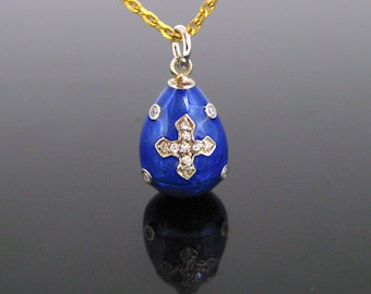 Russian Style Guilloche Blue Enamel Paste Silver Egg Pendant
