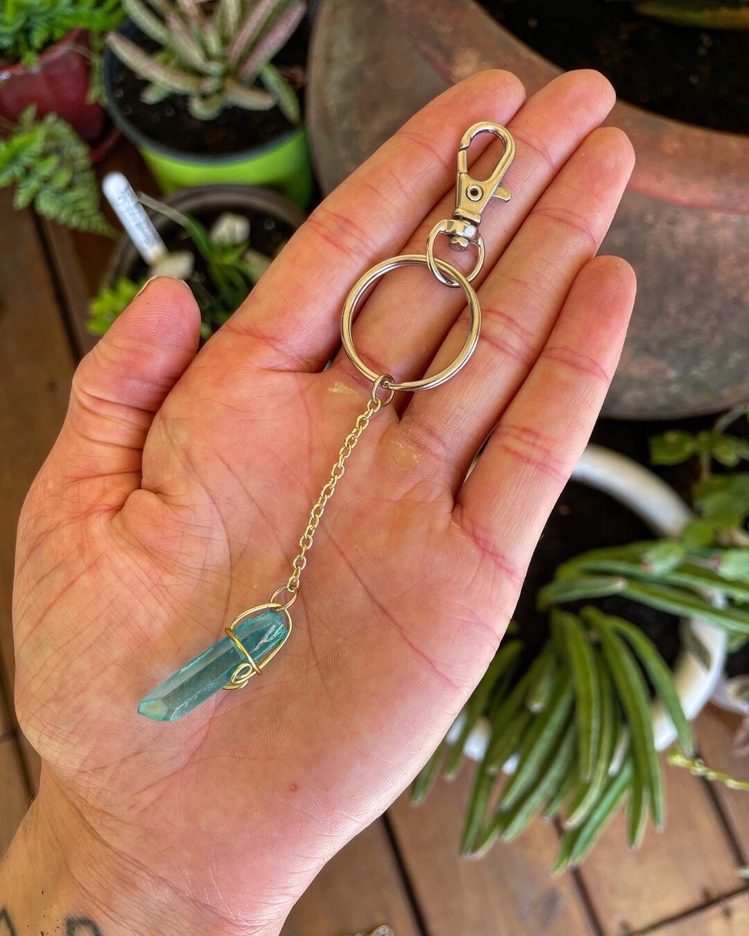 Aqua Aura Quartz Keychain, Crystal Keychain, Keychain, Aqua Aura Quartz ...
