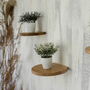 Op de afbeelding: Drie houten planken met afgeronde randen zijn gemonteerd aan een witte muur. Elke plank heeft een potplant. De planten zijn een kleine groene struik, een witte bloeiende plant en een lavendelplant.