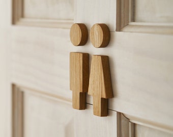 Letrero de baño, letrero de madera para inodoro, figuras de baño masculinas y femeninas, letreros de madera de roble, diseño único de WC, placa de puerta de inodoro