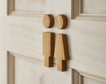 Cartello per toilette, cartello per toilette in legno, figurine da bagno maschile e femminile, cartelli in legno di quercia, design unico per WC, placca per porta del WC