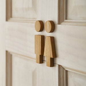 Restroom Sign, Wooden Toilet Sign, Male Female Bathroom Figurines, Oak Wood Signs, Unique WC Design, Toilet Door Plate image 1
