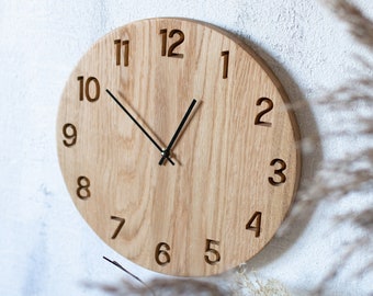 Large Wooden Wall Clock RALFS, Unique Minimalist Modern Natural Oak Wall Art Clock For Kitchen