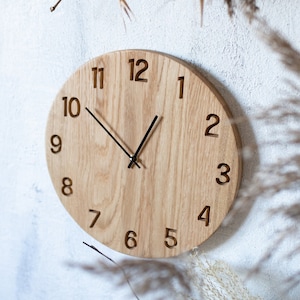 Large Wooden Wall Clock RALFS, Unique Minimalist Modern Natural Oak Wall Art Clock For Kitchen