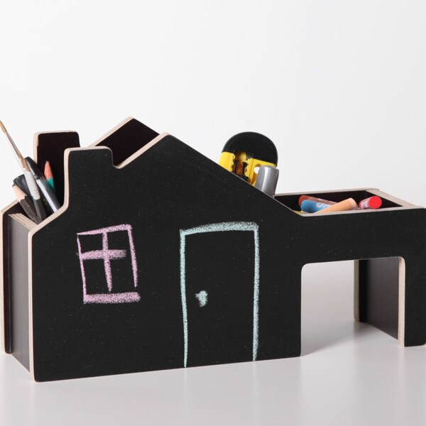 House Desk Organizer for Kids / Wooden Pen and Pencil Holder / Desk Accessory / Chalkboard / Made by DABA