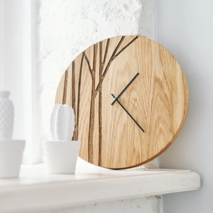Wall Clock PAULIS, Large Wooden Clock, Large Natural Oak, Modern Minimalist Tree Design, Unique Home Wall Art