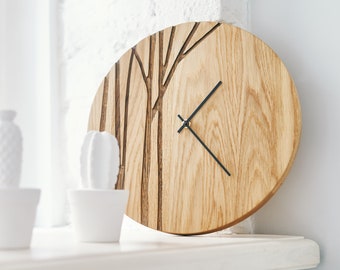 Reloj de pared PAULIS, reloj de madera grande, roble natural grande, diseño de árbol minimalista moderno, arte único de la pared del hogar