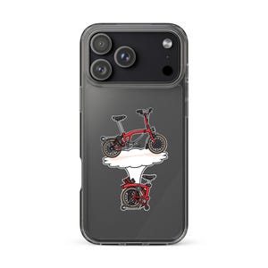 May include: Clear phone case featuring a red folding bicycle design. The illustration shows the bike above a cloud, with a mirrored image below. The case has a transparent back and a black camera module.
