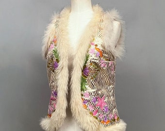 Ibiza Handmade Gilet with Metallic Fabric, Faux Fur Trim & Floral Embroidery