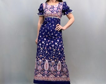 1970s ditsy print and floral maxi dress in bright blue pink and white