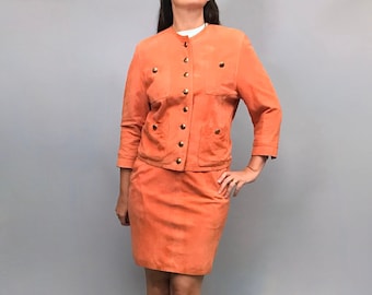 1980er Orange Wildleder Anzug Rock und Jacke / 1960er Jahre Mod Anzug