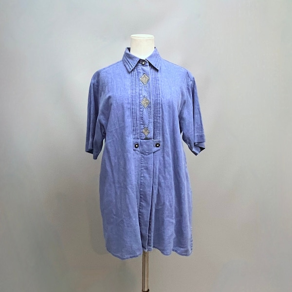 Chemisier tunique en coton indigo des années 1970 / chemise en jean