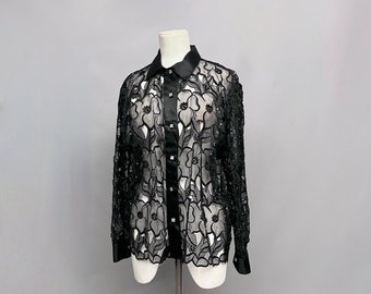 Schwarzer Satin und Spitze Ausschnitt schiere Bluse