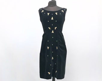 1950s Black Velvet  evening dress with pearl drop beads  Made by Carnegie 'It's a symphony'