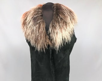 Black sheepskin gilet / body warmer with big brown fury collar By Sue Walsh