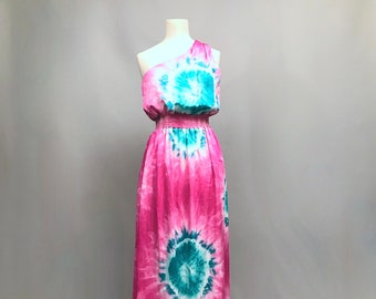 1990s Tie dye maxi dress / one shoulder / Festival dress