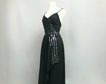 1970s Black maxi cocktail dress with silver sequin detailing By Ronald Joyce