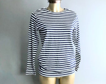 Navy Blue and White 100% cotton Breton long sleeve T- shirts - unisex - army surplus - Russian navy