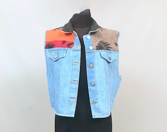 Chaqueta vintage Denim sin mangas con detalles de parche de lana. Chaleco de mezclilla / chaleco / chaqueta de motociclista / abrigo de manta