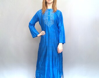 vintage royal blue silk maxi kaftan with embroidery