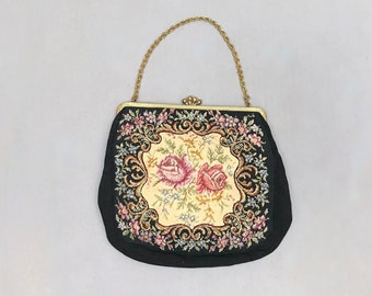 1950s Tapestry Handbag / small evening bag / clutch /Gold chain handle